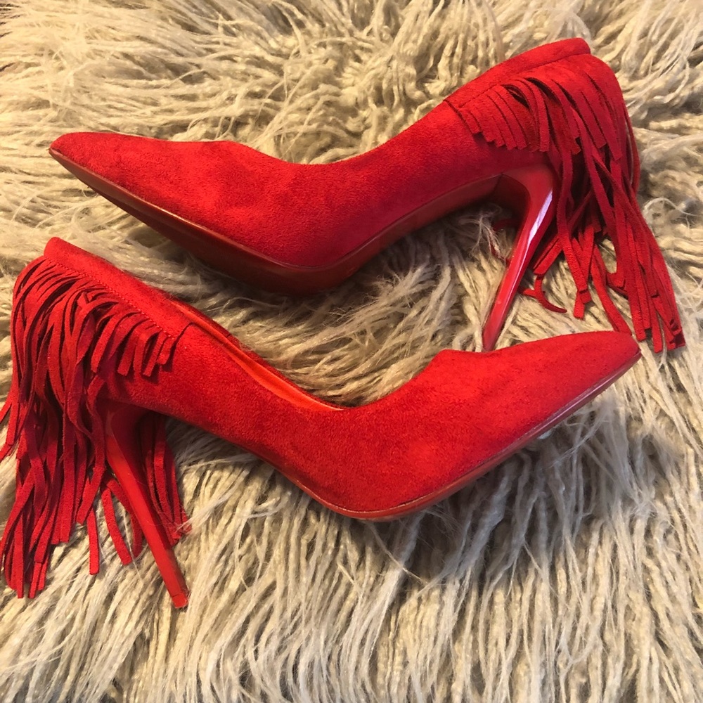 Red fringe heels